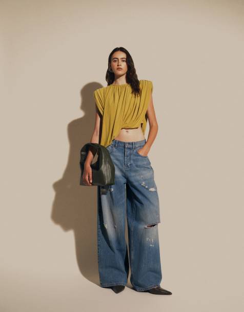 ASOS DESIGN gathered padded asymmetric drape front top in olive - view 1