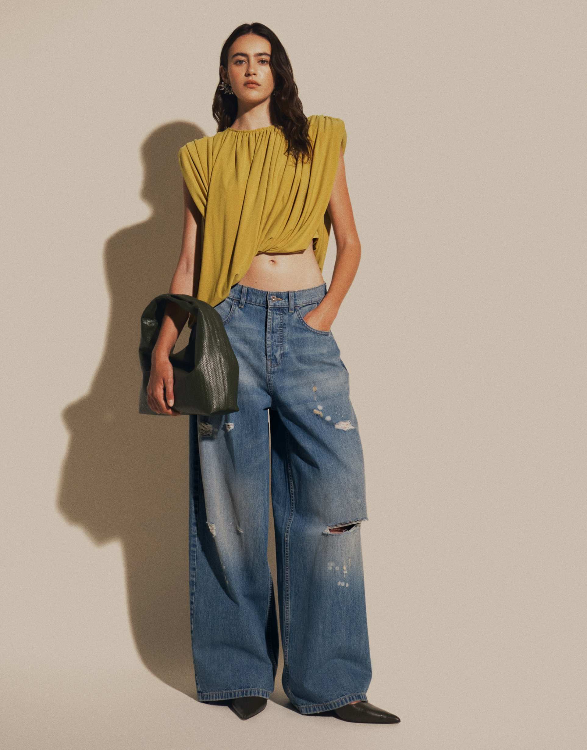 asos design gathered padded asymmetric drape front top in olive