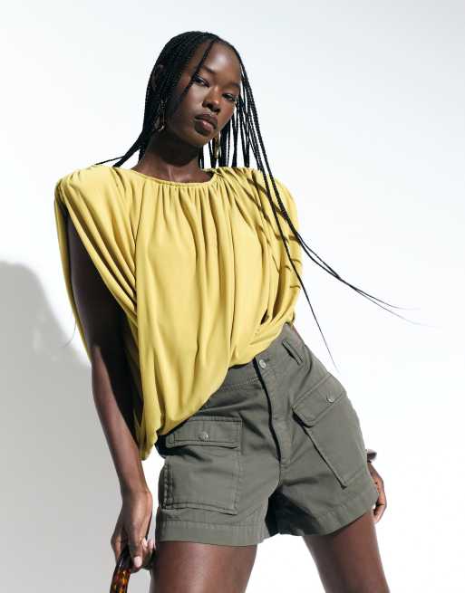 ASOS DESIGN gathered padded asymmetric drape front top in olive, 2 of 5