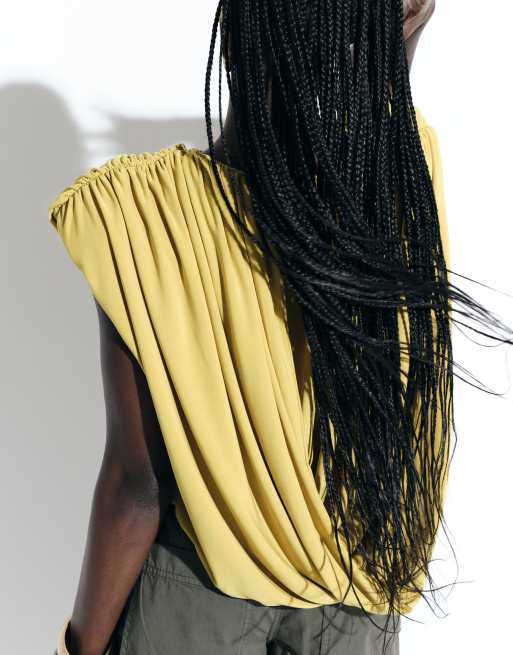 ASOS DESIGN gathered padded asymmetric drape front top in olive, 4 of 5