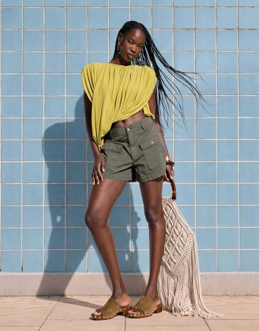 ASOS DESIGN gathered padded asymmetric drape front top in olive, 5 of 5
