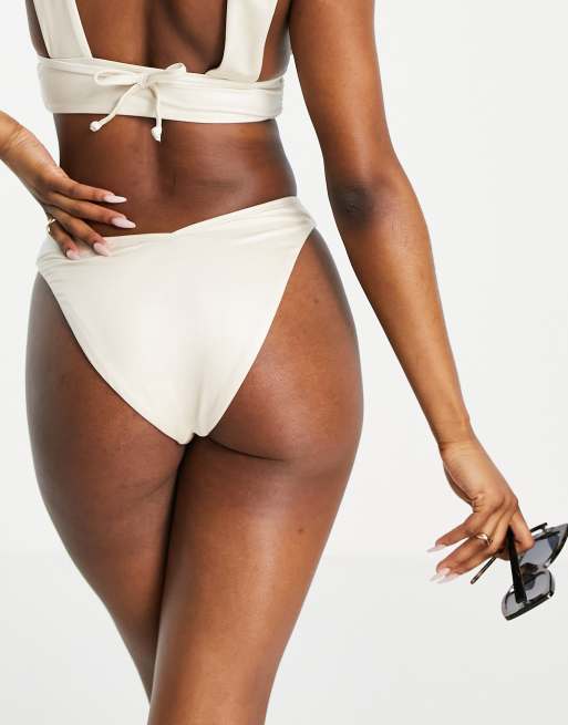 ASOS DESIGN gathered panelled v high leg bikini bottom in off white, 2 of 4