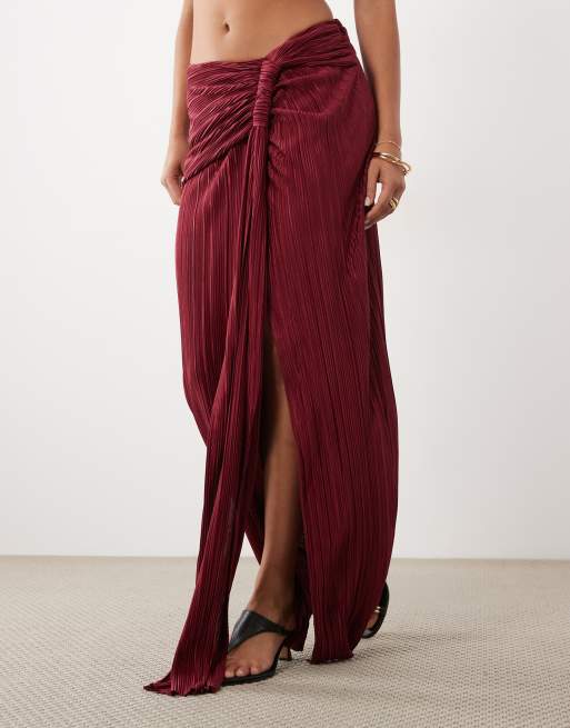 ASOS DESIGN gathered sarong style plisse maxi skirt in wine, 5 of 5