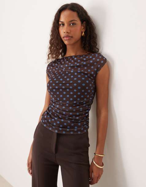 ASOS DESIGN gathered short sleeve off shoulder mesh top in brown polka dot - view 1