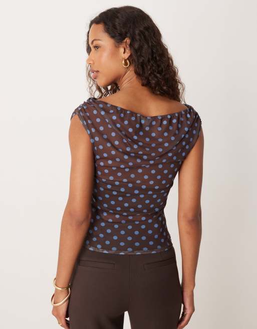 ASOS DESIGN gathered short sleeve off shoulder mesh top in brown polka dot