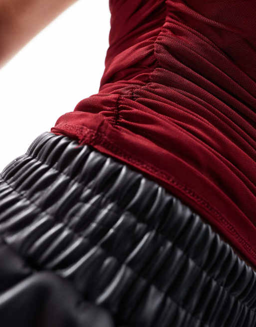 ASOS DESIGN gathered short sleeve off shoulder mesh top in burgundy 