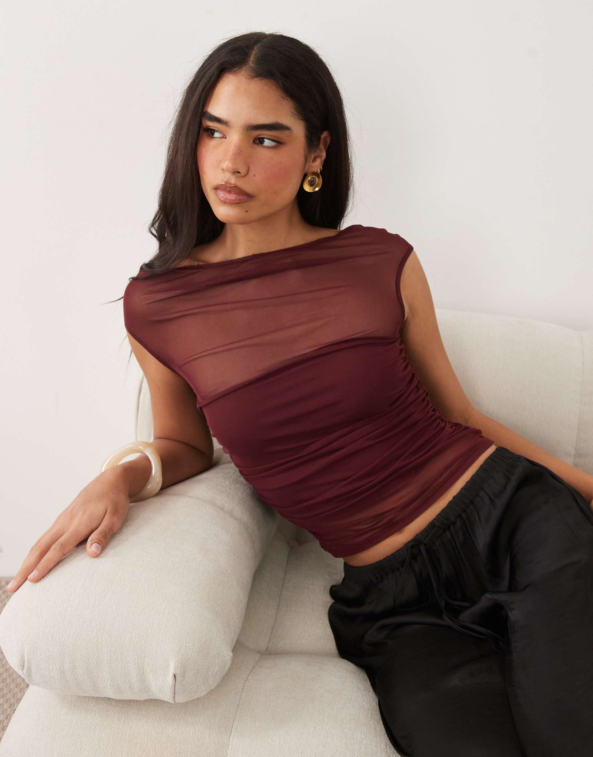 asos design gathered short sleeve off shoulder mesh top in burgundy
