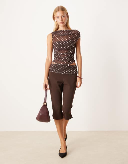 ASOS DESIGN gathered short sleeve off-shoulder mesh top in chocolate polka dot - part of a set