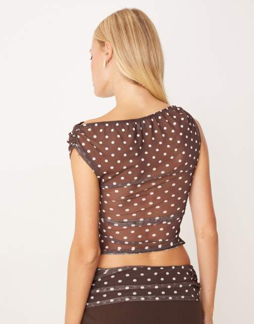 ASOS DESIGN gathered short sleeve off-shoulder mesh top in chocolate polka dot - part of a set