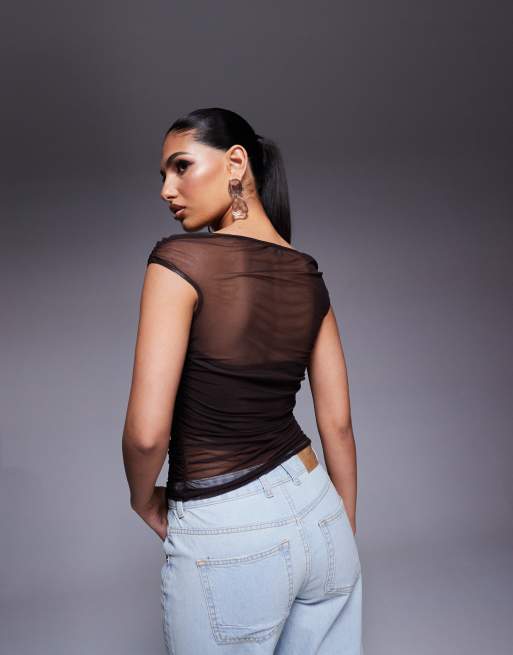 ASOS DESIGN gathered short sleeve off shoulder mesh top in chocolate, 3 of 4