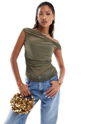 Asos Design Gathered Short Sleeve Off-shoulder Mesh Top In Khaki-green