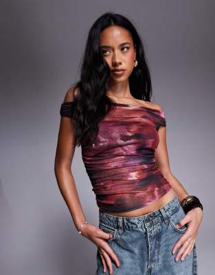 ASOS DESIGN gathered short sleeve off shoulder mesh top in pink distorted floral print - view 1