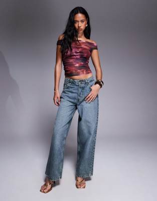 Asos Design Gathered Short Sleeve Off-shoulder Mesh Top In Multi