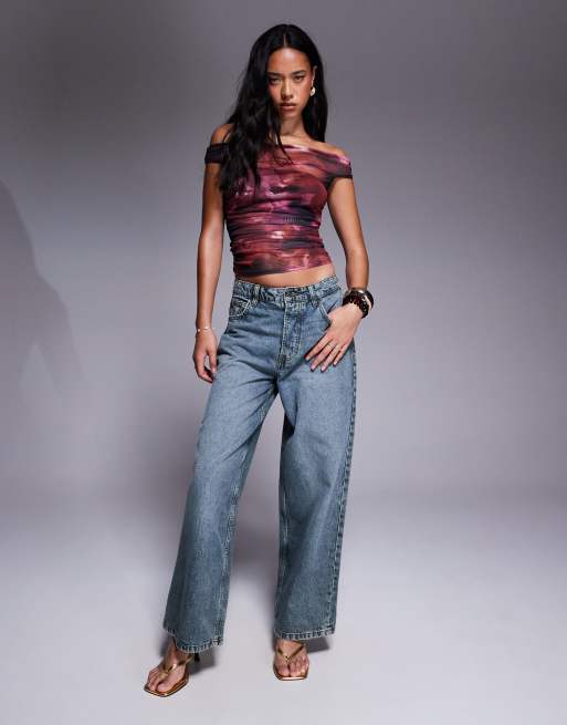 ASOS DESIGN gathered short sleeve off-shoulder mesh top in pink distorted floral print
