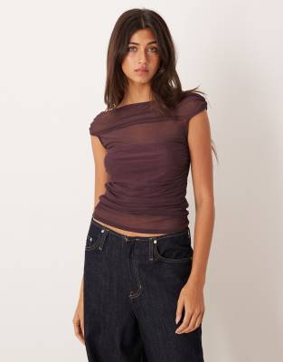 Asos Design Gathered Short Sleeve Off Shoulder Mesh Top In Purple