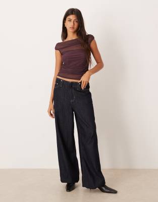 Asos Design Gathered Short Sleeve Off Shoulder Mesh Top In Purple