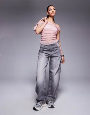 Asos Design Gathered Short Sleeve Off The Shoulder Glitter Mesh Top In Pink