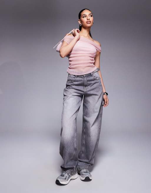 ASOS DESIGN gathered short sleeve off the shoulder glitter mesh top in pink