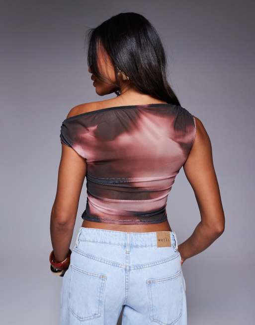 ASOS DESIGN gathered short sleeve off the shoulder mesh top in abstract print