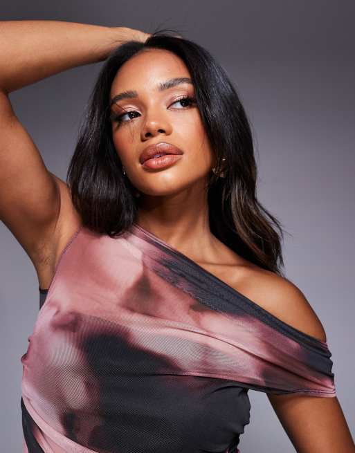 ASOS DESIGN gathered short sleeve off the shoulder mesh top in abstract print