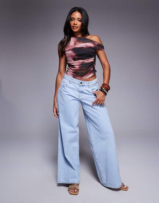 ASOS DESIGN gathered short sleeve off the shoulder mesh top in abstract print