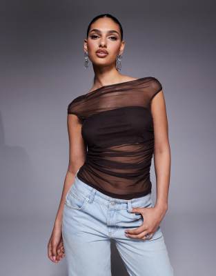 Asos Design Gathered Short Sleeve Off The Shoulder Mesh Top In Brown