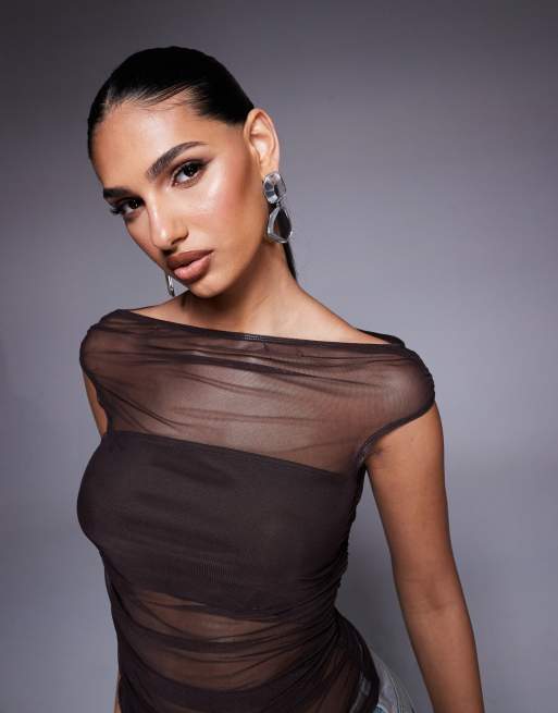ASOS DESIGN gathered short sleeve off the shoulder mesh top in chocolate, 2 of 4