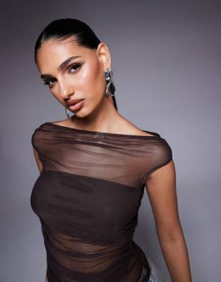 Asos Design Gathered Short Sleeve Off The Shoulder Mesh Top In Brown