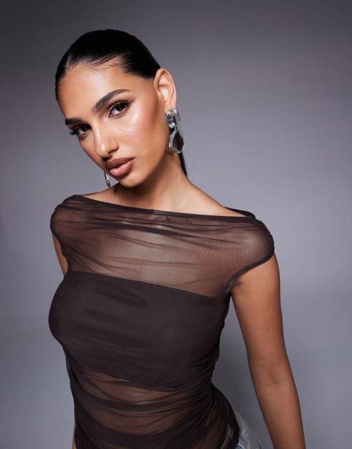 ASOS DESIGN gathered short sleeve off the shoulder mesh top in chocolate