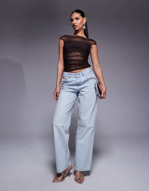 ASOS DESIGN gathered short sleeve off the shoulder mesh top in chocolate