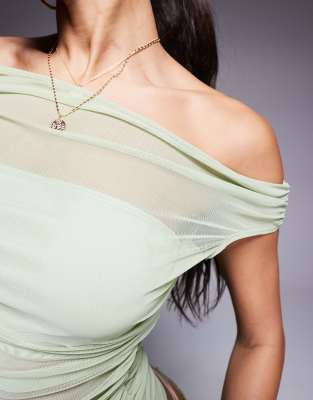 Asos Design Gathered Short Sleeve Off The Shoulder Mesh Top In Green