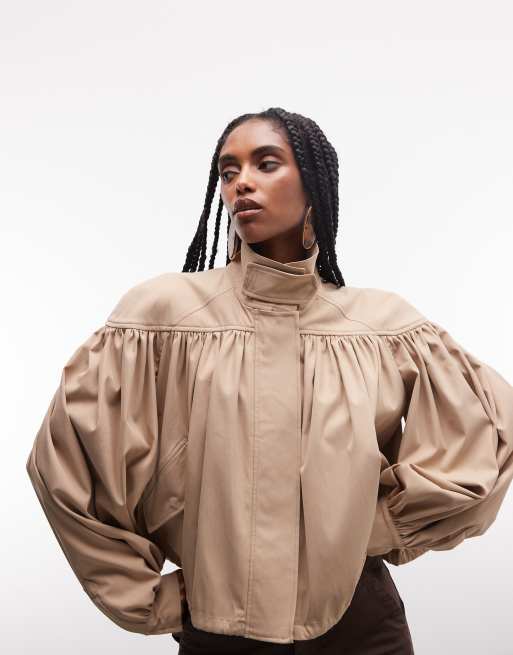 ASOS DESIGN gathered shoulder cropped trench jacket in stone, 2 of 7
