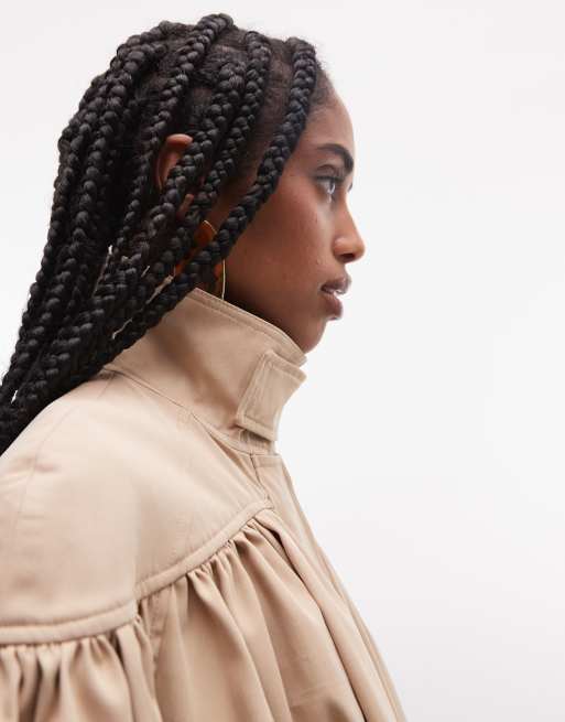 ASOS DESIGN gathered shoulder cropped trench jacket in stone, 3 of 7