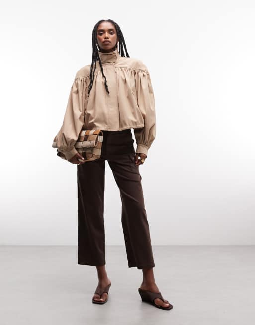 ASOS DESIGN gathered shoulder cropped trench jacket in stone, 4 of 7