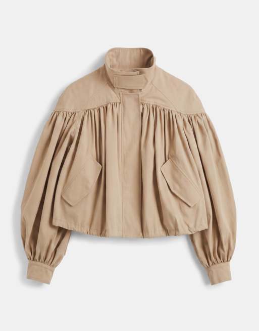 ASOS DESIGN gathered shoulder cropped trench jacket in stone, 6 of 7