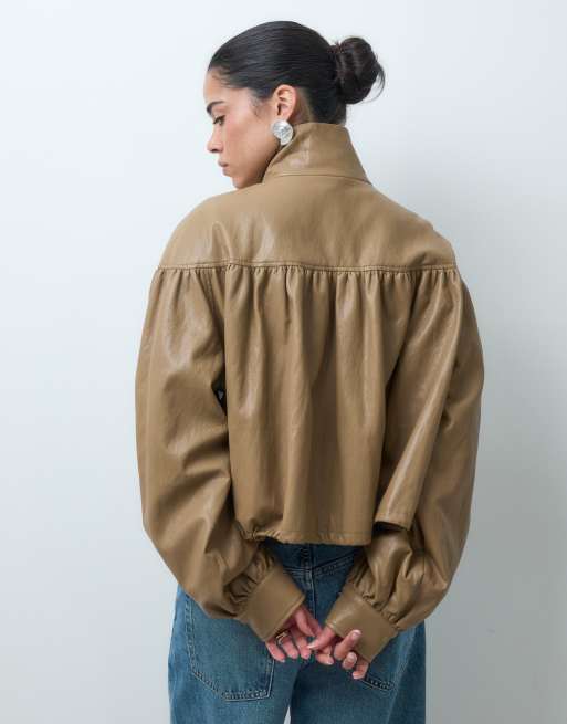 ASOS DESIGN gathered shoulder leather look jacket in black, 4 of 4