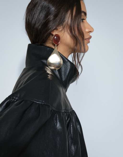 ASOS DESIGN gathered shoulder leather look jacket in black, 2 of 8