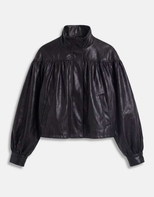 ASOS DESIGN gathered shoulder leather look jacket in black, 5 of 8
