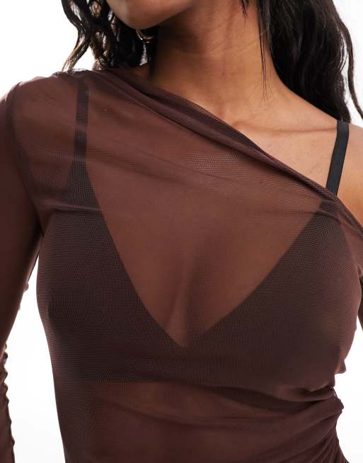 ASOS DESIGN gathered shoulder mesh long sleeve bodysuit in chocolate