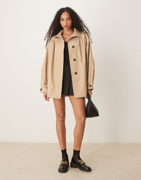 ASOS DESIGN gathered shoulder short trench coat in stone - view 1
