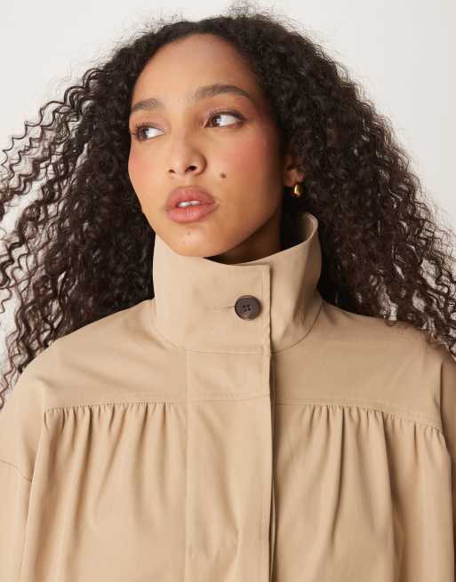 ASOS DESIGN gathered shoulder short trench coat in stone, 2 of 4