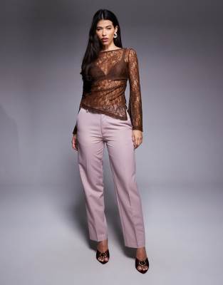 Asos Design Gathered Side Lace Asymmetric Detail Top In Brown
