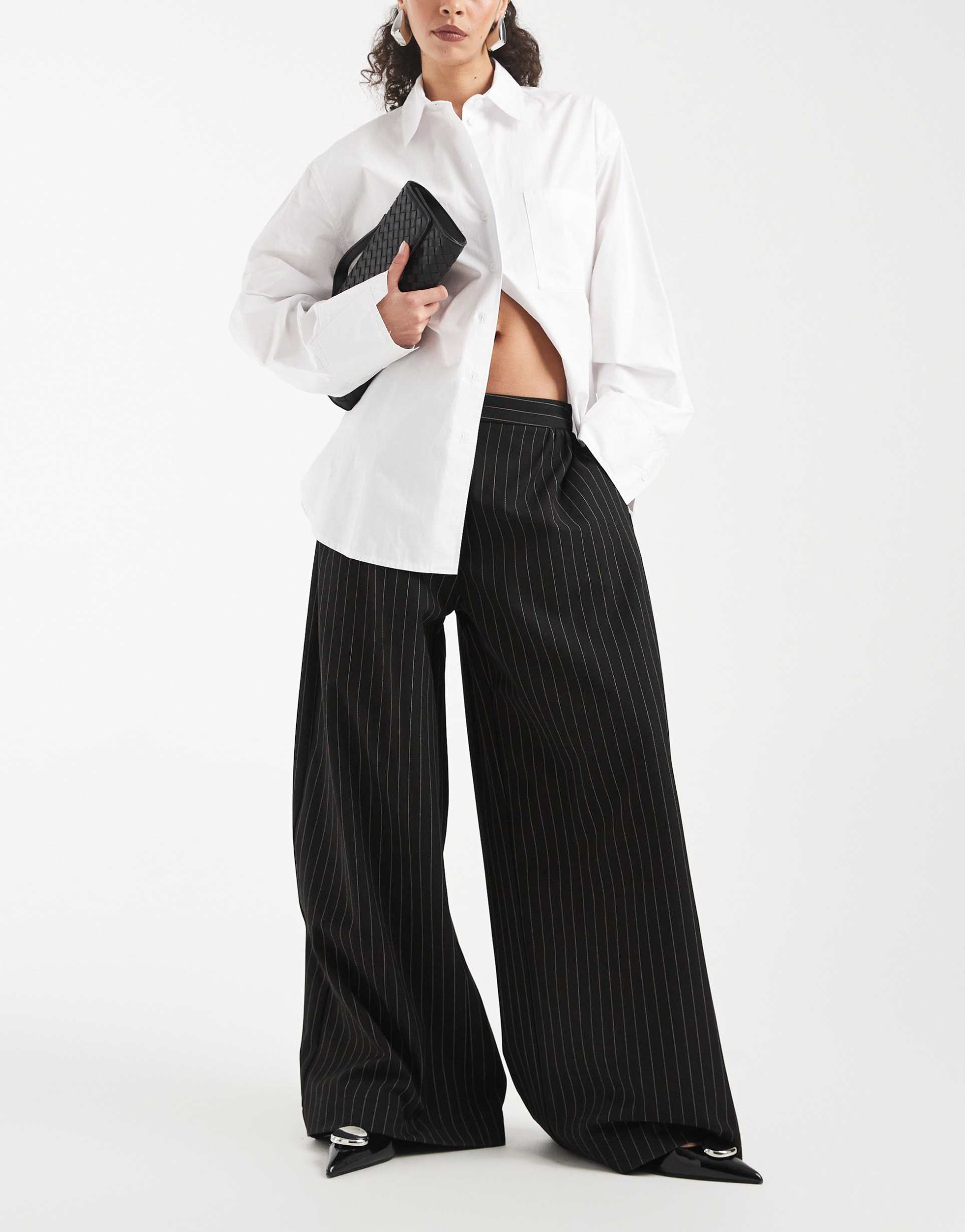 asos design gathered side mensy wide leg pants in black pinstripe