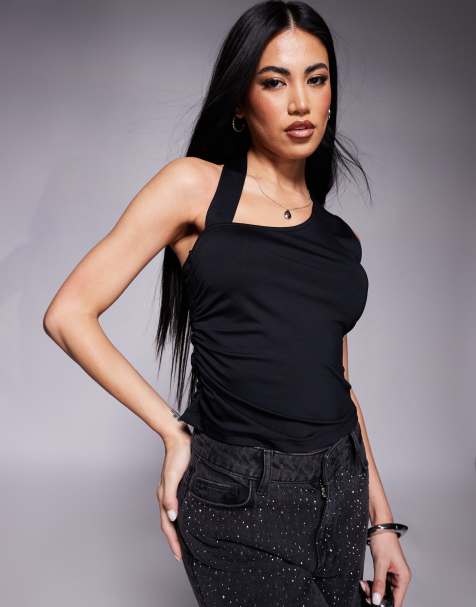ASOS DESIGN gathered sides tank top with strap detail in black - view 1
