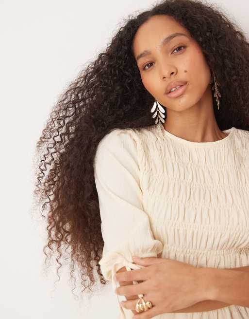 ASOS DESIGN gathered sleeve and waist shirred top in cream, 3 of 4