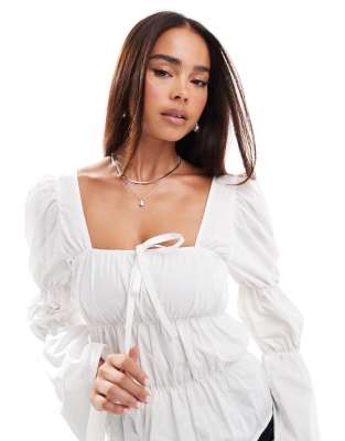 Asos Design Gathered Sleeve Detail Blouse In Ecru-white