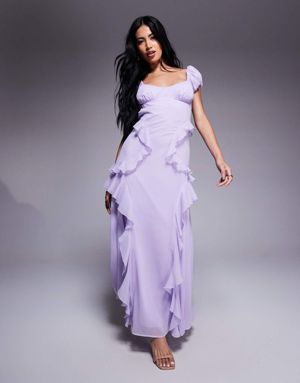 ASOS DESIGN gathered sleeve midi dress with ruffles in lilac