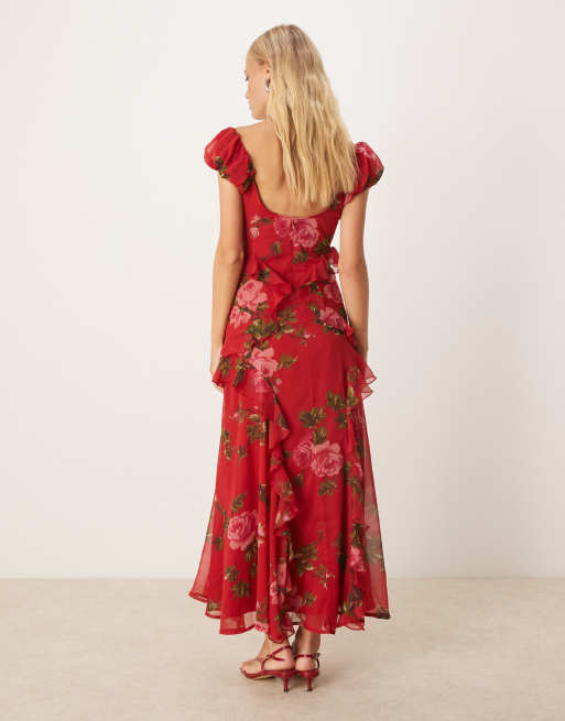 ASOS DESIGN gathered sleeve midi dress with ruffles in red-based floral print, 3 of 4