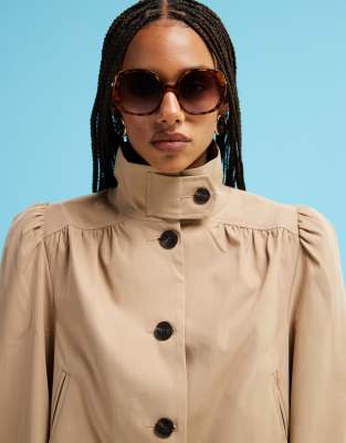 Asos Design Gathered Sleeves Cropped Trench Coat In Neutral