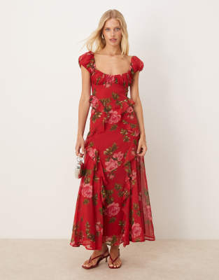 Asos Design Gathered Sleeves Maxi Dress With Ruffles In Red